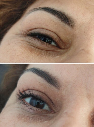 Institut de beauté Jolybeauty à Hérépian. Rehaussement et teinture pour cils et sourcils. Avant - Après